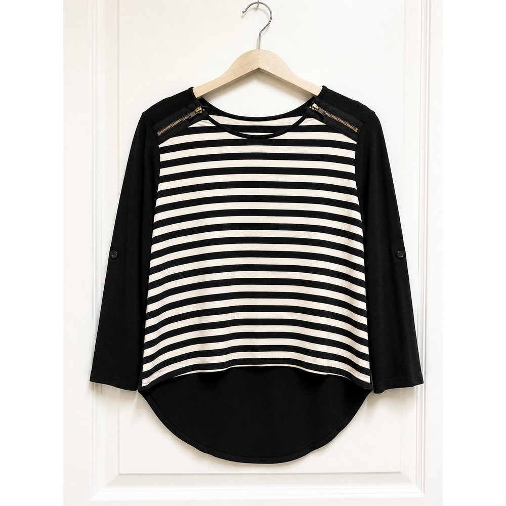 Sophia + Zeke‎ Girls Black Cream Striped High Low Top Shoulder Zipper Size 10/12